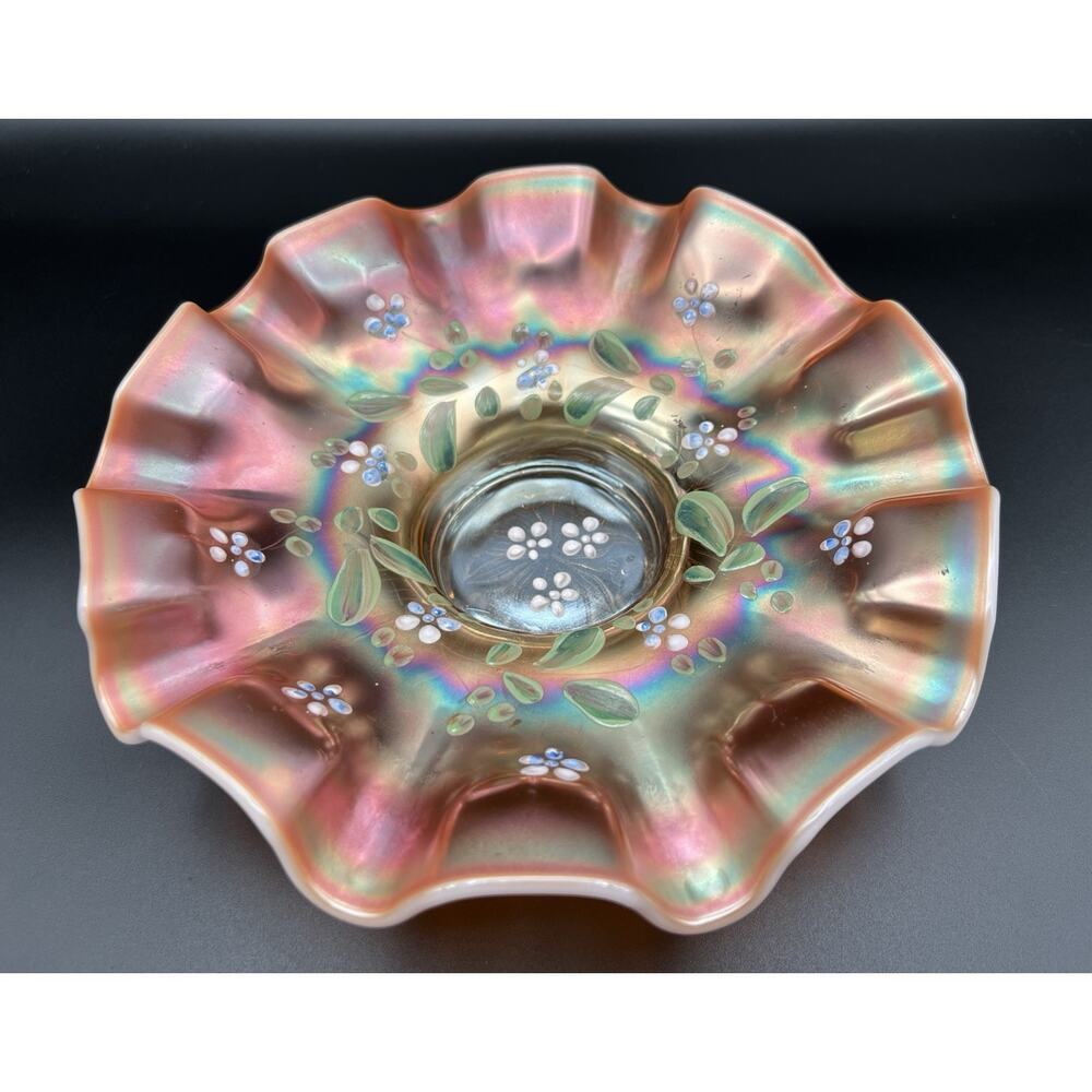 Antique Dugan Enameled Single Flower Opalescent Peach Carnival Glass Bowl 9”